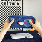 Haumei Canvas Pencil Case Large Capacity, Big Denim Pen Pouch with Zipper, Cute Durable Portable Stationary Storage Bag Organizer for Adults Women, Dark Blue, Button