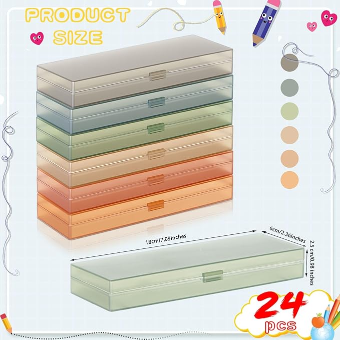 Fainne 24 Pcs Plastic Pencil Case Bulk Pencil Boxes Plastic Stationery Case Frosted Pen Box Pen Holder with Hinged Lid Snap Closure for Office(Single Layer,Morandi Colors,7.09 x 2.36 x 0.98 Inch)