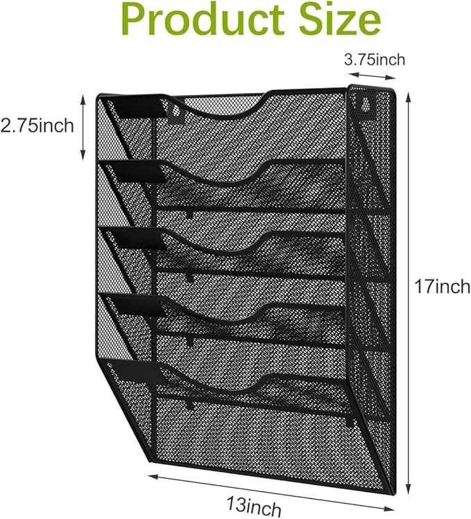 EasyPAG 5 Pocket Mesh Wall File Organizer, Hanging Paper Folder Holder with Classify Label, Vertical Wall Mount Mail Organizer for Office Home Classroom, Black