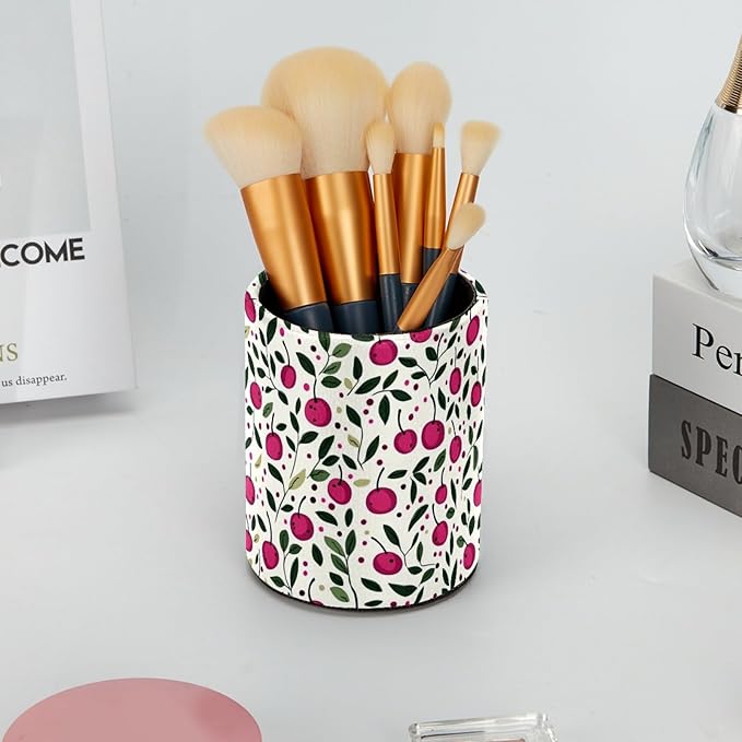 Leather Pen Holder for Desk, Cherry Pattern Pencil Cup Desktop Organizer Makeup Brush Holders Office Supplies for Home, Kids & School