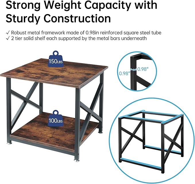 Fannova Large Printer Stand, 23.6 x 23.6 x 22.6 Inches Square Printer Table with Storage Shelf, 2 Tier Rolling Printer Cart with Industrial Wheels for Home Office - Rustic Brown
