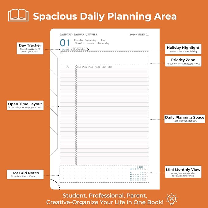 IN-LUXPRO Daily Planner 2026 with One Page Per Day,(A5-8.5" x 5.9"),12 Months Calendar Hourly Appointment Book Monthly Tabs & Self-adhesive Pen Holder,Inner Pocket, Vegan Leather Hardback,Orange