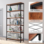 Himimi 6-Tier Bookshelf Set of 2,Tall Bookcase Industrial Wood Storage Rack with Open Book Shelves,Modern Metal Standing Organizer,Vintage Display Rack for Living Room, Office, Bedroom, Rustic Brown