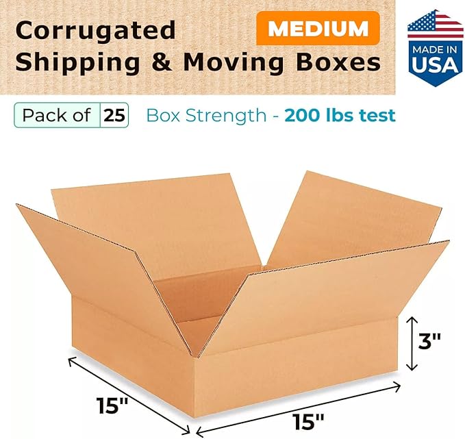 Medium Moving & Shipping Boxes 15"L x 15"W x 3"H (25-Pack) - Extra Strength 200 lb vs Regular - Corrugated Boxes for Packaging - Medium Packing Box - Carton Box by IDL Packaging