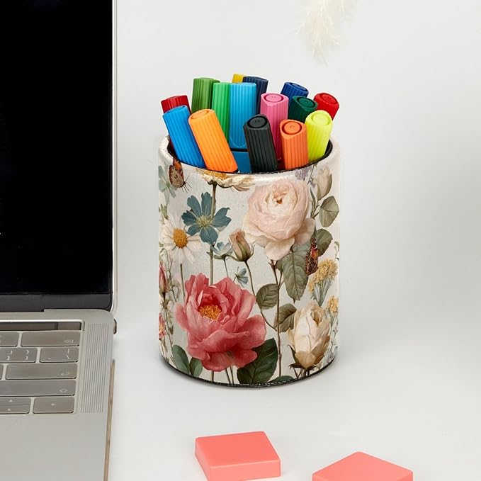 Leather Pen Holder for Desk Floral Butterflies Pretty Pencil Cup Desktop Organizer Makeup Brush Holders Office Supplies for Home, Kids & School