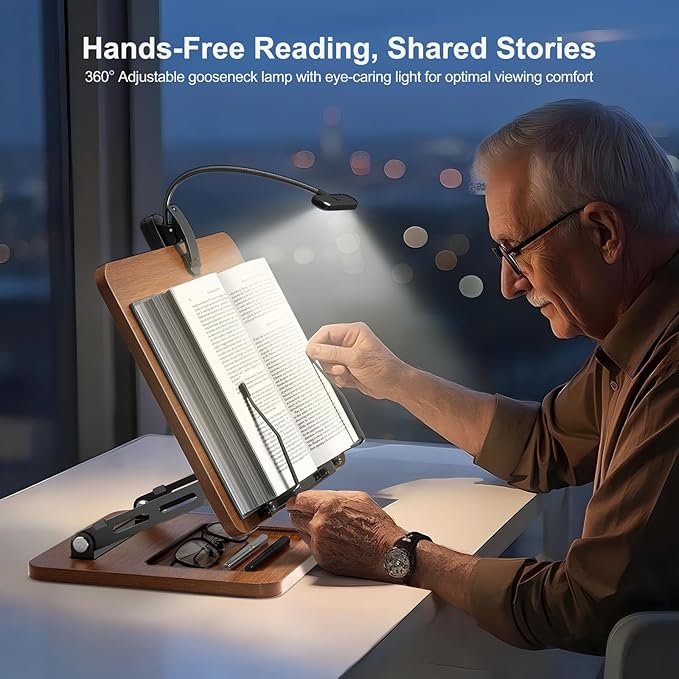 Book Stand for Reading with Light, Book Holders for Reading Hands Free, Adjustable Height & Angle, Fits Cookbook Recipe, Textbook, Kindle,Foldable for Kitchen, Office, School,Gift for Book Lovers