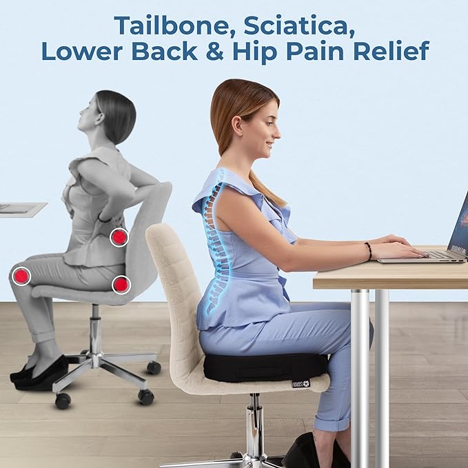 Seat Cushion for Office Chairs - Tailbone, Coccyx Pain Relief - Butt, Pressure & Sciatica Relief - Gaming, Wheelchair, Car & Desk Pillow, Black