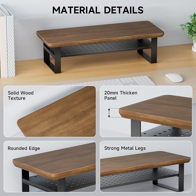 NestNeat Monitor Stand Riser, 24 Inch Computer Monitor Stand for Desk, 2-Tier Wood Desk Shelf Organizer with Storage, Desktop Stand for Laptop/Screen/PC/Printer, Ergonomic Home Office Monitor Stand