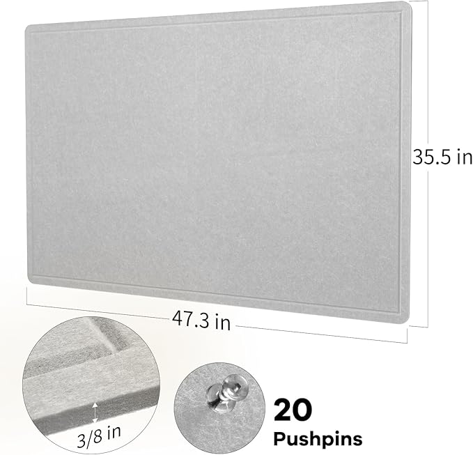 Lightomorrow Large Bulletin Board - 48 x 36 Inches, Decorative Felt Pin Board for Wall - 4' x 3' Foldable Photo Display Board with Self-Adhesive Tape, Includes 20 Push Pins - Light Gray