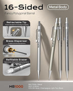 Nicpro 4 Pack Metal Mechanical Pencil Set 0.9mm, MB1000 Lead Drafting Pencil 0.9 mm with 6 Tube HB #2 Lead Refill, 3PCS 4B Eraser, 9 Cap Eraser for Artist Writing, Sketching, Drawing- Come with Case
