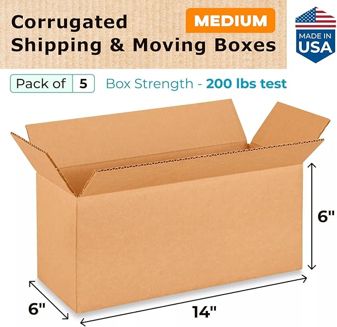 Medium Moving & Shipping Boxes 14 x 6 x 6 inches (5-Pack) - Extra Strength 200 lb vs Regular - Corrugated Packing Boxes for Delivery - Corrugated Box - Heavy Duty Shipping Box by IDL Packaging