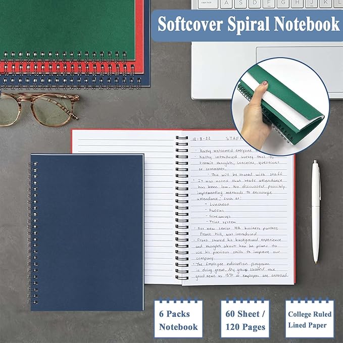 GINMLYDA 6Pack Small Spiral Notebook A5, 8.25x5.5” 120 Lined Pages Wide Ruled Spiral Journal Bulk Blank Kraft Cover Spiral Bound Notebook & Writing Pads for Home Office Meeting Work Note Taking