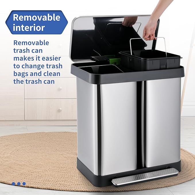 ComfyCorner 16 Gallon Dual Compartment Trash Can, Hands-Free Recycling Rectangular Garbage Bin, Stainless Steel Step-On Dustbin with Soft-Close Lid, Removable Inner Buckets, for Kitchen Home
