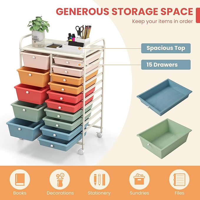 GOFLAME 15-Drawer Rolling Storage Cart, Craft Storage Cart with Removable Drawers & Lockable Wheels, Art Cart Supply Storage Organizer for Home Office Classroom, Macaron Color