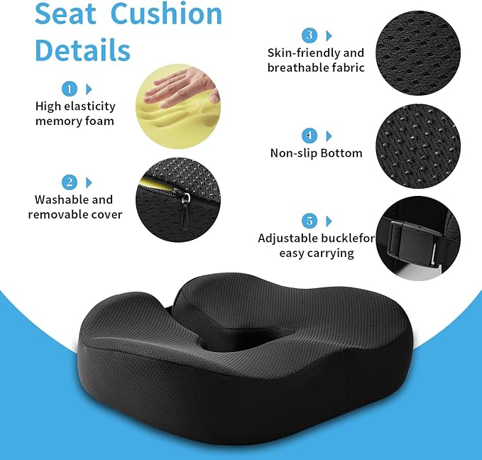 LSMColda Extra-Dense Seat Cushions for Office Chairs, Orthopedic Seat Cushion for Desk Chair, Car, Wheelchair, Ergonomic Sciatica Support, Hip & Tailbone Pain Relief Cushion for Long Sitting (Black)