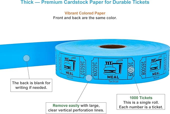 Tacticai 1000 Raffle Tickets, Meal, Blue (1 of 8 Colors), Single Roll, Ticket for Events, Food, Class Reward, Fundraiser & Prizes
