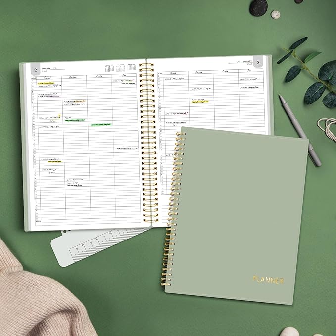 SUNEE 2026 Daily Planner,4-Person Group Appointment Book with Quarter-Hourly Layout. Weekly & One-Page-Per-Day Format, Jan to Dec 2026, 8.5"x11",Weekly Planner, Flexible Cover, Note Pages, Bookmark, Black,Sage Green
