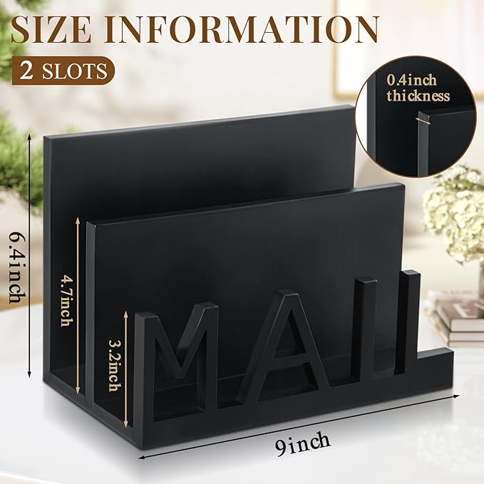 Vercraft 2 Slot Mail Organizer Holder Countertop Wooden Mail Black Letter Holder with Cutout Lettering Design for Office Desktop Envelope and Document Storage Rack