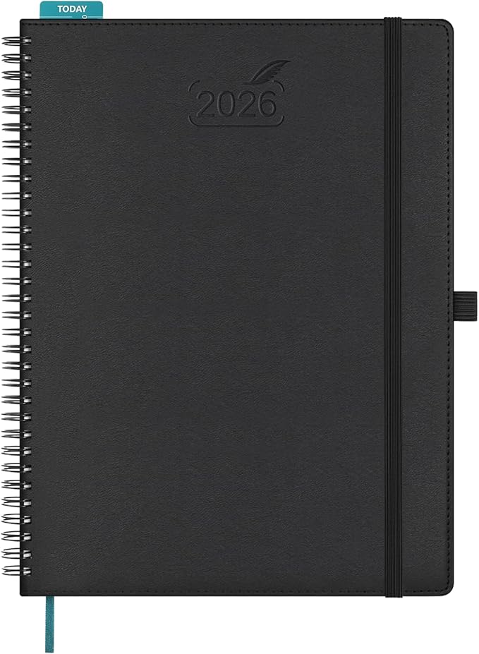 BEZEND 2026 Planner Weekly and Monthly (8.5" x 11" Spiral) Daily Calendar with Hourly Timeslots & Tab (Jan-Dec) Note & Expenses, Pen Holder, Inner Pocket, Vegan Leather Softcover - Black