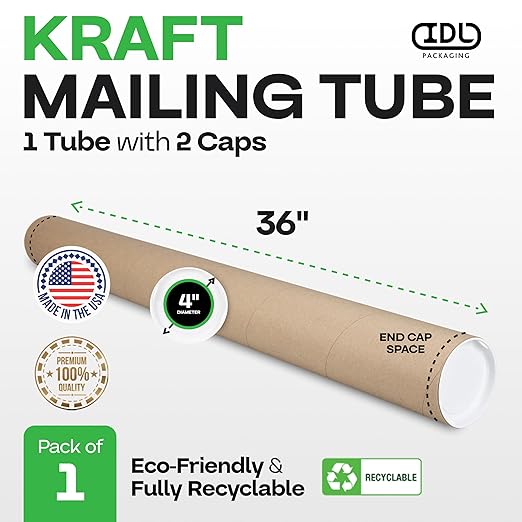 Cardboard Mailing Tube, 4" x 36" with Plastic Caps - USA-Made USPS Approved Poster Tube for Documents & Blueprints - Reinforced Mailing Cylinders for Shipping & Storage by IDL Packaging