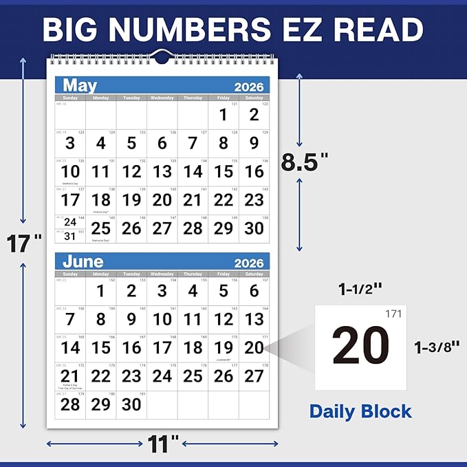 Dunwell 2026 2-Month Wall Calendar, Blue, Monthly Hanging Calendar with Large Bold Numbers, Easy to Read, Jan–Dec 2026, 11x17 Open, Ships Folded
