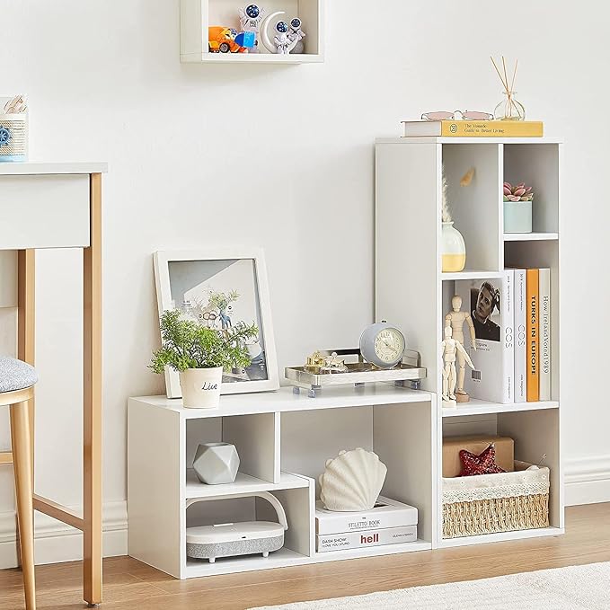 VECELO Narrow Bookshelf Set, Fits 9.3" × 10-12.8" Hardcovers, Cube Storage Bookcases, Free-Standing for Living Room, Bedroom, Home Office, 2/3-Tier, 2-Pack, White