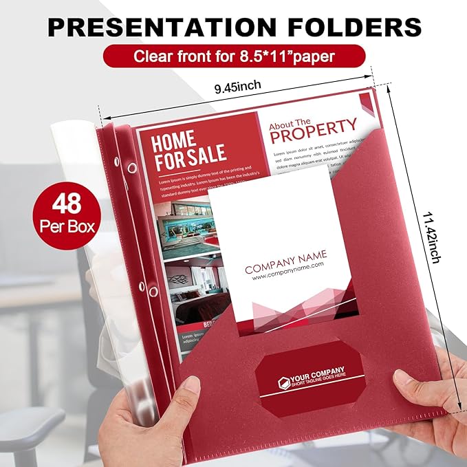 Teling 48 Pcs Clear Front Report Covers with 3 Prongs, Plastic Dark Red Presentation Folders Bulk with 3 Pockets for A4 and Letter Size Paper, 90 Sheet Capacity, Document Covers for School Business