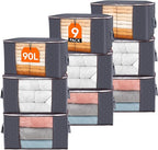 Lifewit Large Capacity Clothes Storage Bag Organizer with Reinforced Handle Thick Fabric for Comforters, Blankets, Bedding, Foldable with Sturdy Zipper, Clear Window, 9 Pack, 90L, Grey