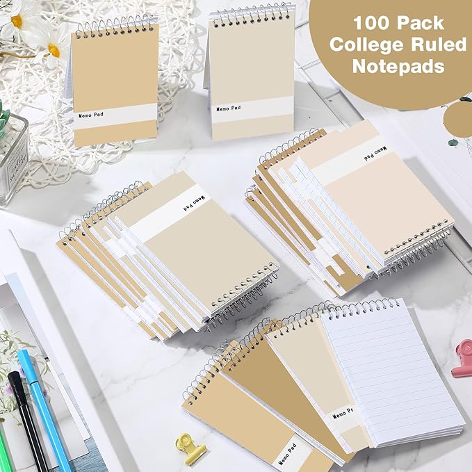 Thenshop 100 Pads Spiral Memo Pads Bulk 3 x 5 Inch Small Pocket Notepad Top Bound Lined 60 Sheets Mini Notebooks for School College Office Home Supplies (Colorful)