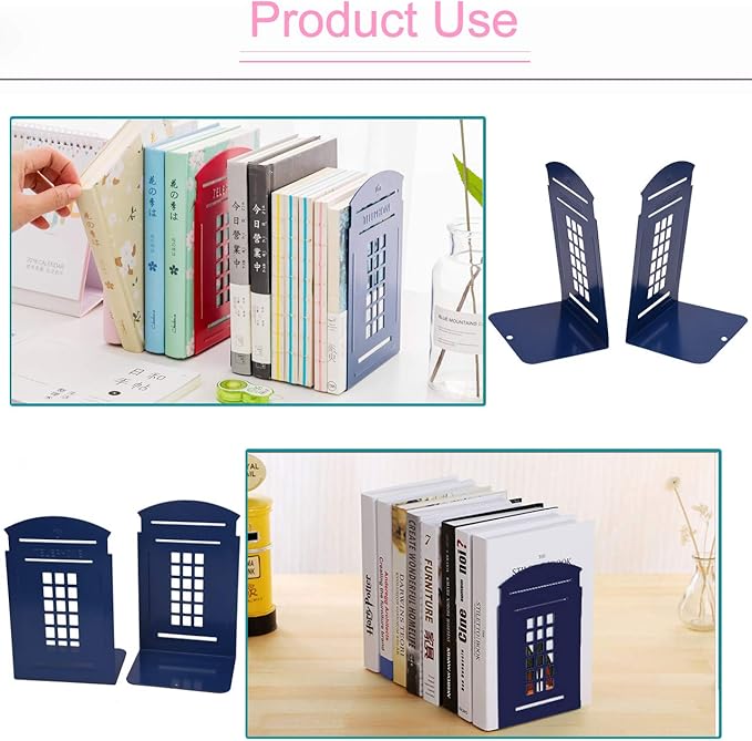 MerryNine 2 Pack Book Ends, Metal Bookends for Shelves, Telephone Booth Decorative Bookends, Non Skid Heavy Bookends, Book, Magazine or CD Organizers for Home and Office (Blue-2pcs)