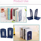 MerryNine 2 Pack Book Ends, Metal Bookends for Shelves, Telephone Booth Decorative Bookends, Non Skid Heavy Bookends, Book, Magazine or CD Organizers for Home and Office (Blue-2pcs)