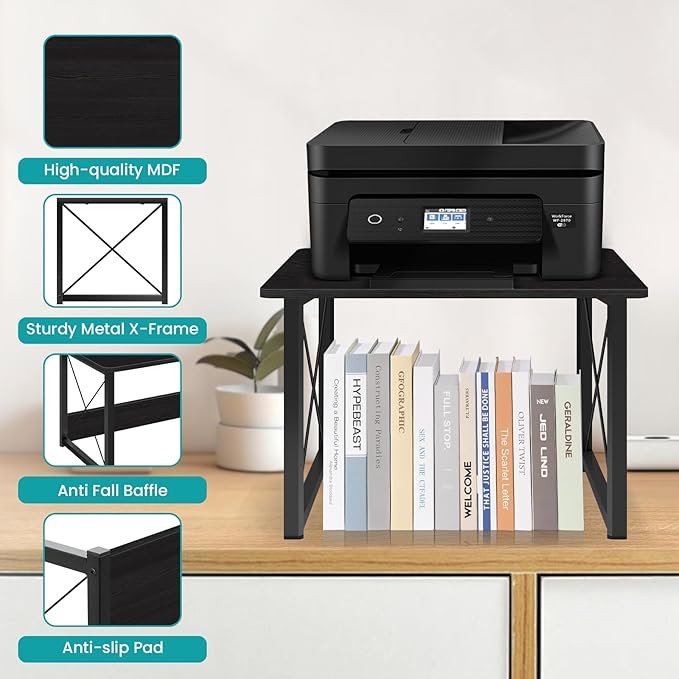 ELITEROO Desktop Printer Stand With Storage, Table Stand Small Desk Shelves Organizer for Home/Office, Multi-Purpose Heavy Duty Riser for Fax Machine Copier Scanner (Black)
