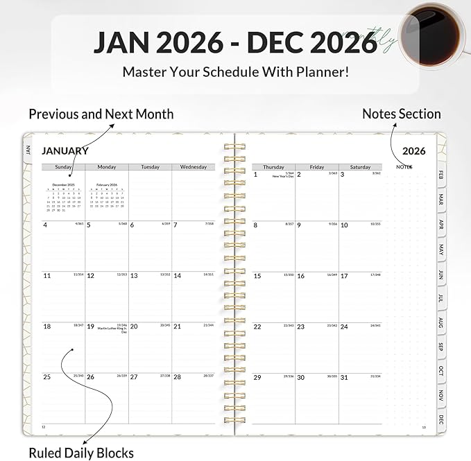 SUNEE 2026 Planner, Weekly and Monthly Calendar Planner, January 2026-December 2026, Daily Agenda with Tabs, Note Pages, Spiral Binding, 6.4"x8.3", Deep Green