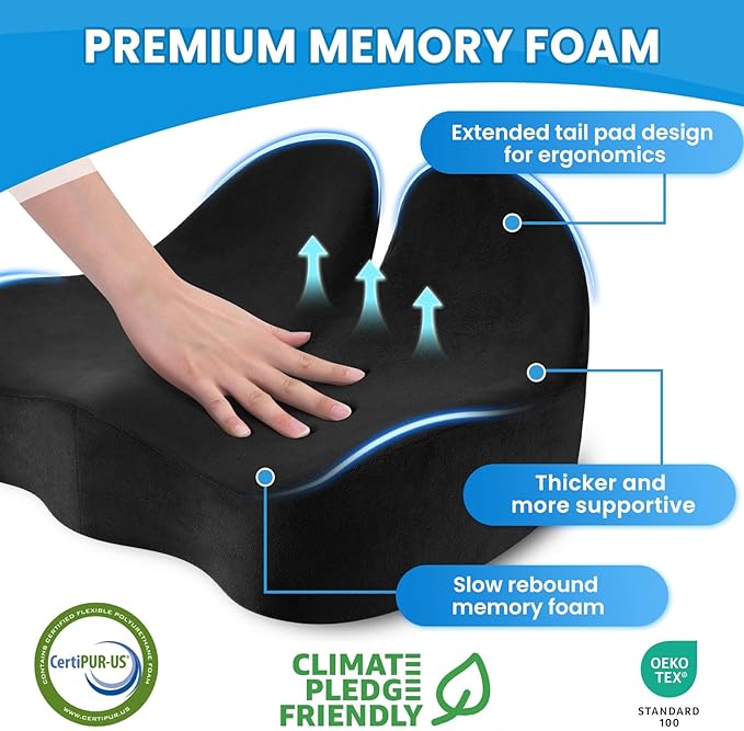 CushZone Seat Cushion, Memory Foam Office Chair Seat Cushion for Office Chairs/Car/Long Trip/Desk Chair/Gaming, X-Large Size for Sciatica & Hip & Tailbone Pain Relief, Sciatica Support (Black)