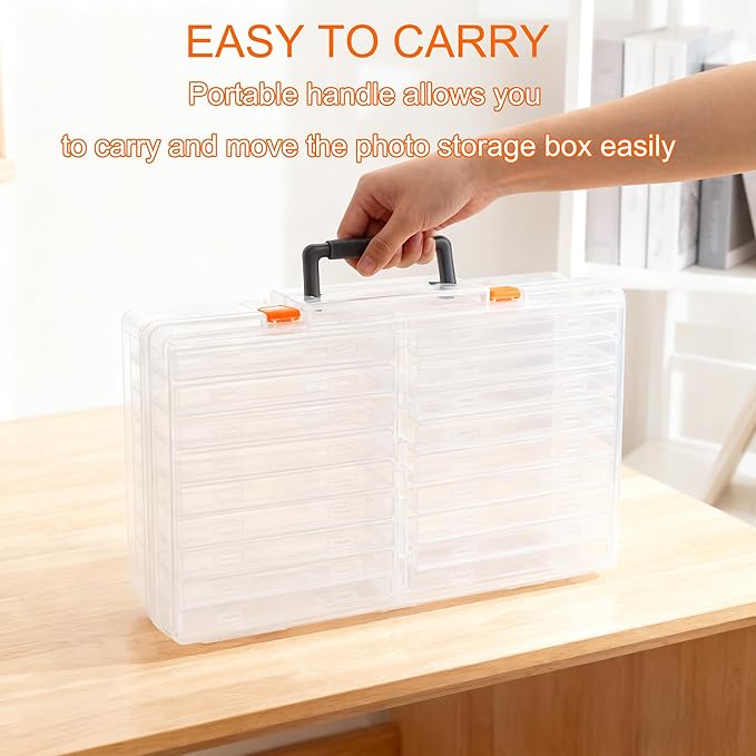 Photo Storage Box 5 x 7 Inches, 18 Inner Extra Large Photo Boxes with Dividers, Clear Acid-Free Photo Storage Containers with Handle, Photo Organizer Craft Keeper for Photo,Craft,Stamp,Sticker,Seed