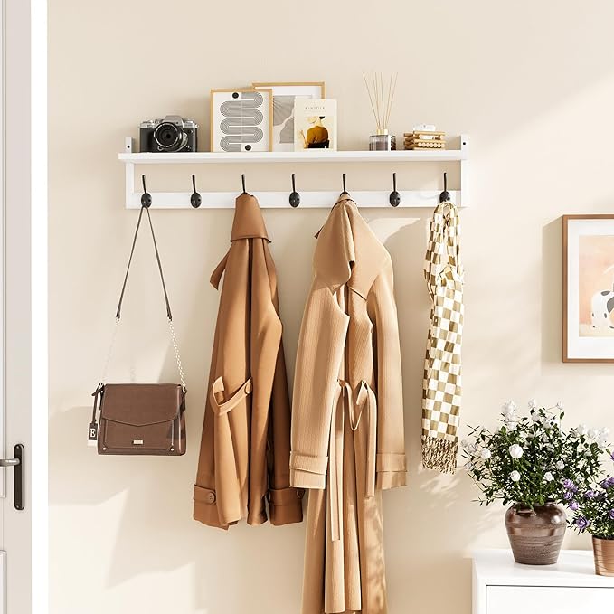 BAMEOS 35" L Wall Hooks with Shelf, Entryway Coat Hooks, Wood Wall Hanging Shelf, Wall-Mounted Coat Rack with 7 Dual Metal Hooks for Bathroom, Kitchen, Living Room, Bedroom (White)