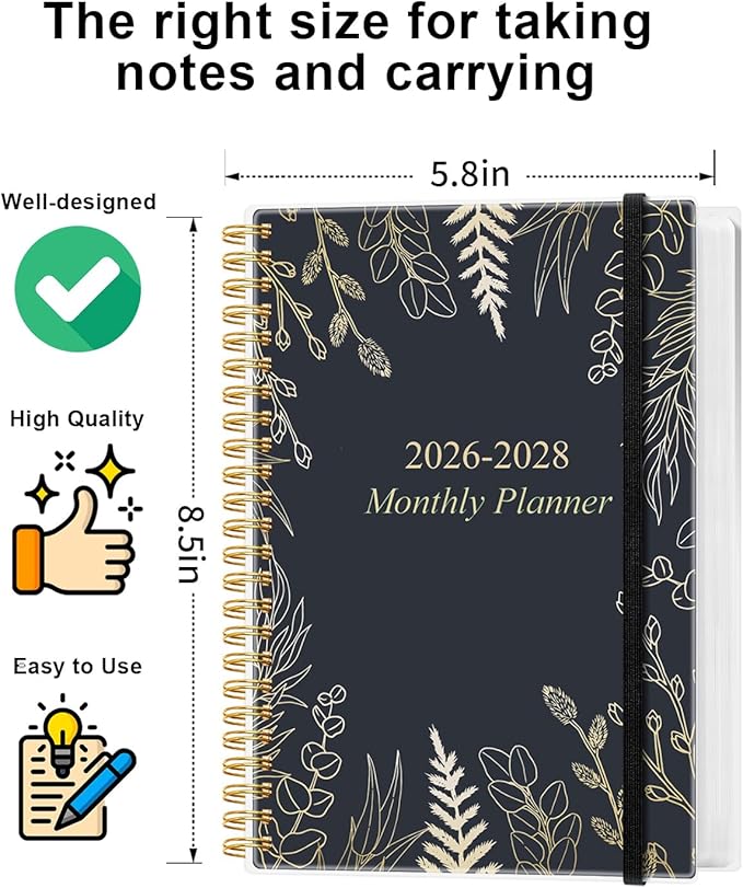 2026-2028 Monthly Planner, Three Years Calendar from January 2026 - December 2028 with Spiral Binding, Inner Pocket, Elastic Closure, 38 Month Planner for Home | School | Office, 5.8" x 8.5", White Gold Leaf