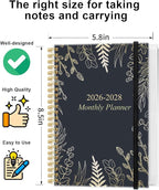 2026-2028 Monthly Planner, Three Years Calendar from January 2026 - December 2028 with Spiral Binding, Inner Pocket, Elastic Closure, 38 Month Planner for Home | School | Office, 5.8" x 8.5", White Gold Leaf