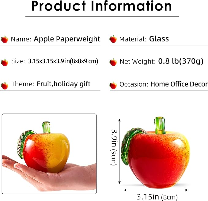 EUSTUMA Hand Blown Art Glass Apple Collectible Figurines,Glass Apple Paperweight,Christmas Eve Gifts,Home Decoration,Office Decoration.