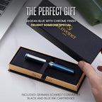 Scriveiner Personalized Luxury EDC Fountain Pen (Medium), Stunning Matt Blue Pocket Pen, Chrome Finish, Schmidt German Nib, Best Engraved Fountain Pen Gift Set for Men & Women, Name Engraving