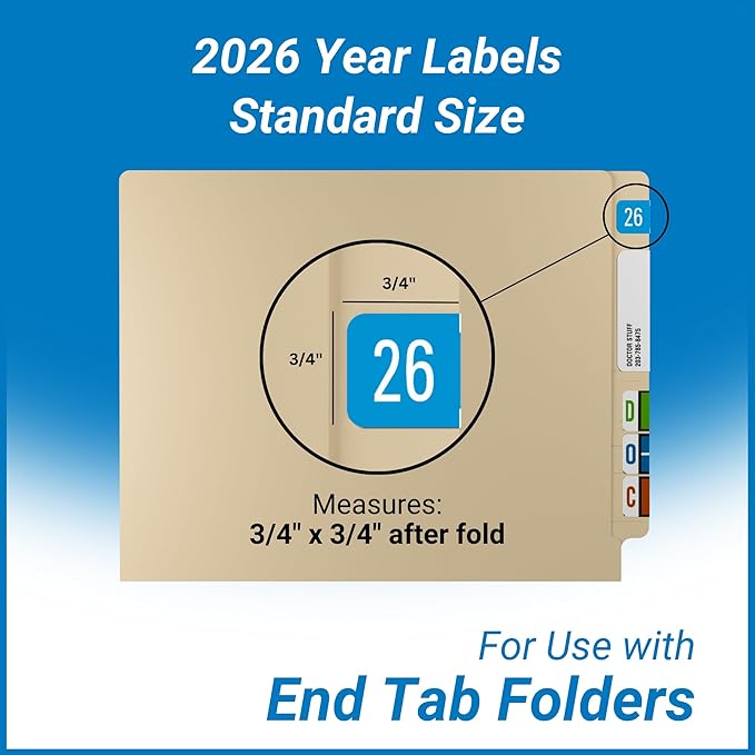 2026 Year Stickers, Doctor Stuff 2026 Chart Stickers, Blue Color Coded, Digi Color Style, USA Made Year Labels for End Tab File Folders, 500/Roll, 1 Roll, 3/4" x 1-1/2"