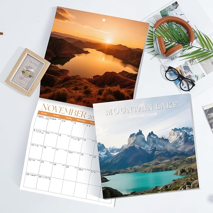 2026 Calendar, 2026 Wall Calendar, Monthly Calendars 12 Month Mountain Lake 12" x 24" Opened, Thick Glossy Paper for Organizing Planning, Ideal for Home Office