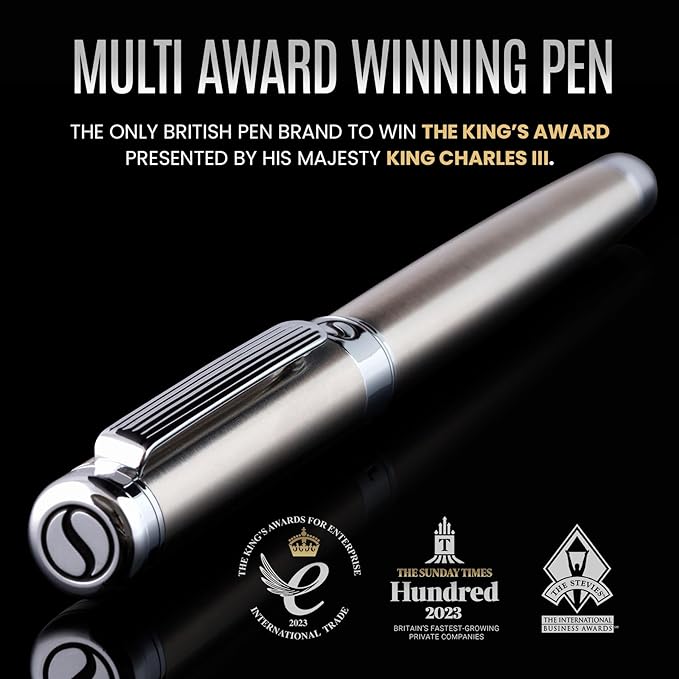Scriveiner Stainless Steel Fountain Pen - Stunning Luxury Pen with Steel Finish, Schmidt Steel Nib (Fine), Best Pen Gift Set for Men & Women, Professional, Executive Office, Nice Designer Pens