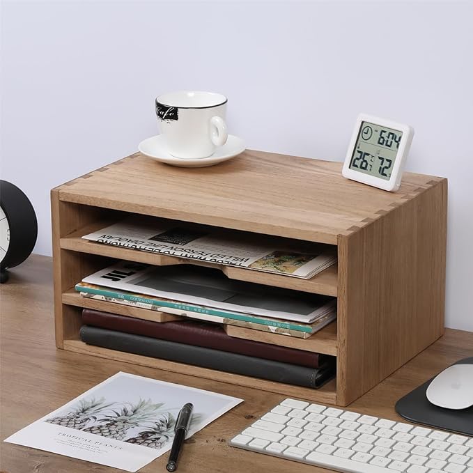 DDYURI 3-Tier Paper Storage Letter Tray File Sorter - Wood Desktop Document Organizer Holders with Mail Sorter, School & Home Magazine File Dividers, Book Rack Shelf Stand for HD-SJ3K (Light)