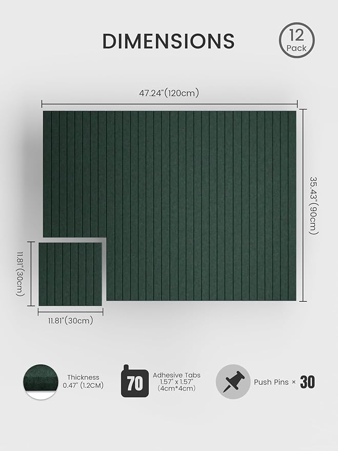 Bumusty Large Felt Bulletin Board 48" x 36" Cork Board Alternative-12 Pack with 70 Safe Removable Adhesive Tabs, Cork Boards for Walls Cork Board for Home Office Classroom Pin Board (Aurora Green)