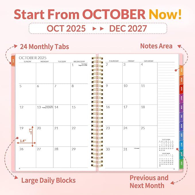 SUNEE 2026-2027 Planner - 24 Months (Jan 2026 - Dec 2027) - 7"x10" Monthly Spreads & Yearly Planner, Pink