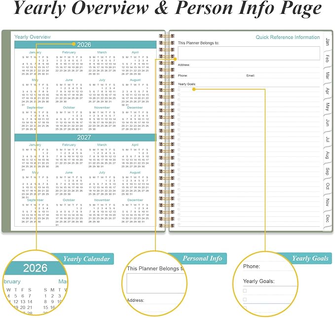 2026 Planner - Academic Planner 2026 from January 2026 to December 2026 with 12 Monthly Tabs, Flexible Cover, Inner Pocket, 8.5" x 11", Green
