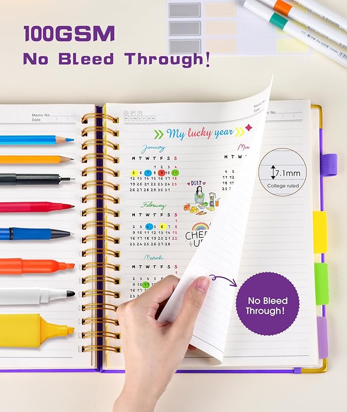 Hardcover Spiral Notebook Journal with Removable Dividers Tabs, 300 Pages Leather 5 Subject Notebook College Ruled, 8"x10" Large Notebooks for Work School Note Taking, Journal for Women, Dark Purple