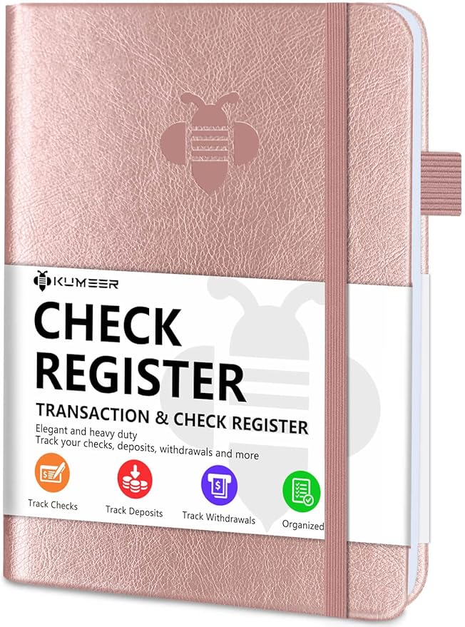 KUMEER Check Register – Elegant Check Registers for Personal Checkbook with Check & Transaction Registers, Hardcover Checkbook Log 5.2x7.6" (Rose Gold)