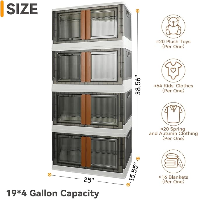 AssHMKIT Storage Bins, Extra Large Cabinet with Lids, 19 Gallon(72L) Capacity (Per One), 4 Packs, Useful Box with Door and Buckles, Foldable, Transparent, Excellent Home Organizers